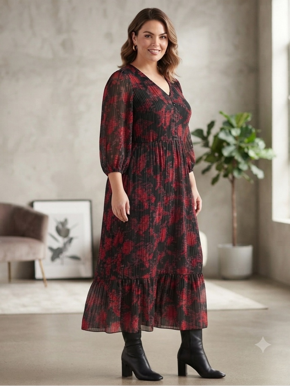 Lane Bryant Black Red Floral Pleated Midi Dress Plus Size 24 Dark Romantic Goth